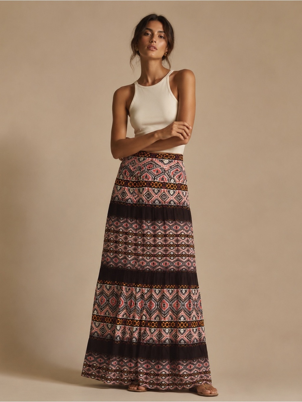 Renee C. Tiered Geometric Maxi Skirt in Black & Pink